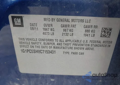 2012 Chevrolet Cruze Ls из США, поврежденный, VIN 1G1PC5SH8C7153431